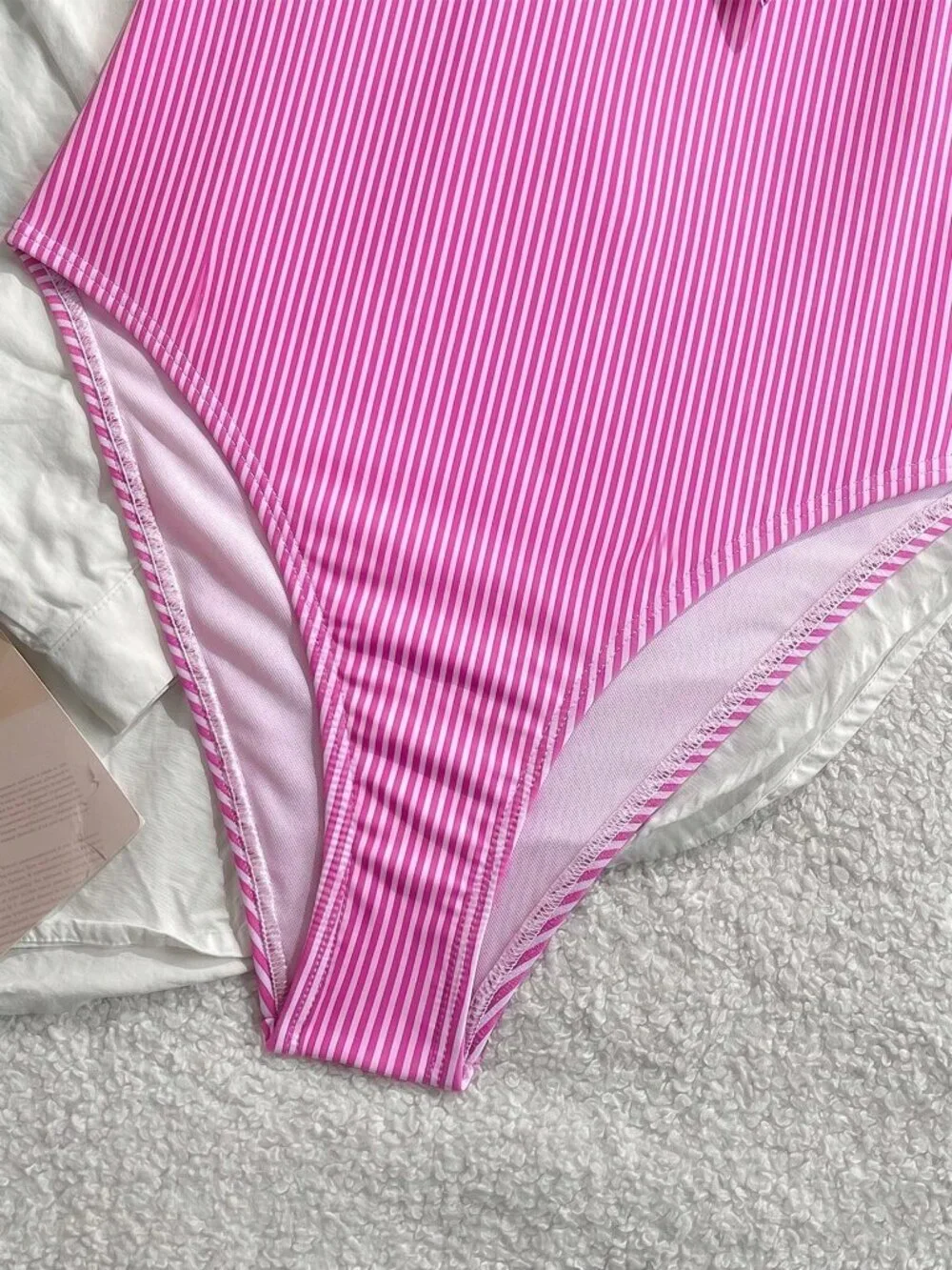 Pink Casual Women's Sexy Striped Lace Ruffle Bust Bow One-Piece Swimsuit